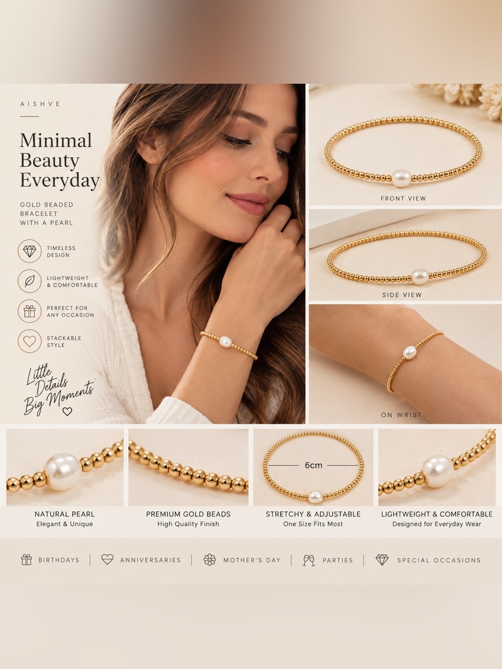 🆕 Minimalist Gold Beaded Bracelet with a Pearl